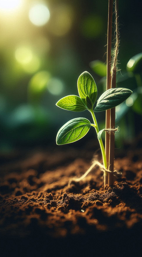 A young sapling tied to a supporting stake