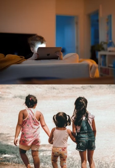 Children absorbed in screens, apart from each other